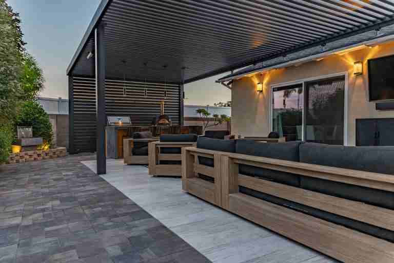 Outdoor patio with comfortable seating and stylish pergola design. Laguna Niguel CA